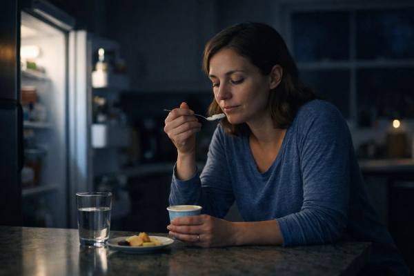 Learn how late-night eating affects blood sugar, cortisol, sleep, and morning hunger, plus practical ways to reduce cravings, improve meal timing, and support steadier hormone rhythms.