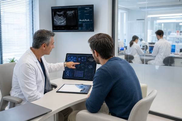 Learn how male fertility testing works, including semen analysis, hormone labs, genetic testing, ultrasound, advanced sperm tests, and next steps.