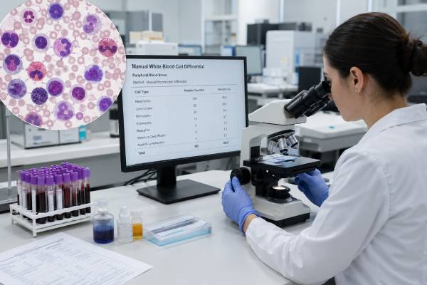 Learn what a manual white blood cell differential shows, including WBC types, normal percentages, immature cells, blasts, abnormal results, and when follow-up matters.