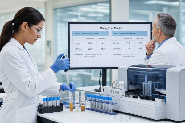 Learn how a mixing study helps interpret prolonged PT or aPTT, including correction patterns, inhibitors, factor deficiencies, lupus anticoagulant, and next tests.