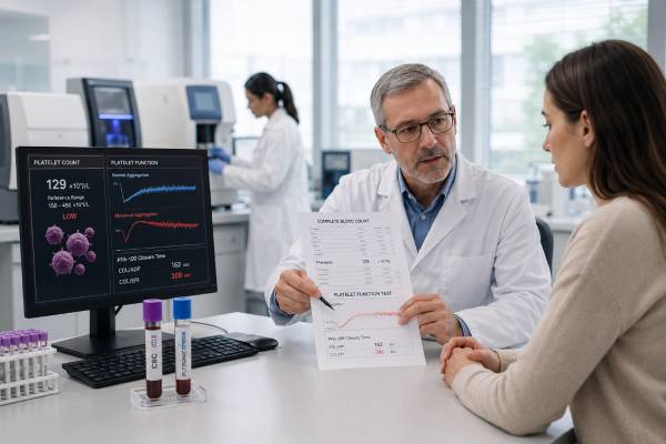 Learn how platelet count and platelet function affect bleeding risk, including low platelet ranges, platelet dysfunction, testing options, procedure thresholds, and urgent warning signs.