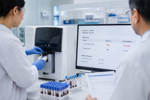 Learn what the PFA-100 platelet function analyzer test measures, how closure time works, what prolonged results mean, and when follow-up testing is needed.
