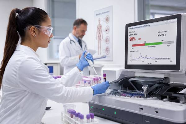 Learn what the von Willebrand factor activity test measures, what low vWF activity means, common normal ranges, bleeding risks, VWD patterns, causes, and follow-up tests.
