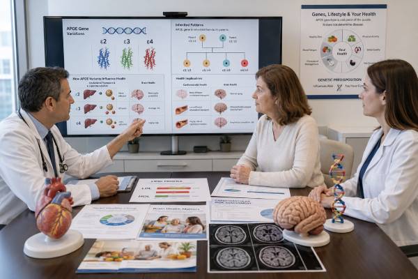 APOE Genotype Test Cholesterol, Alzheimer Disease Risk, and Results Understand APOE ε2, ε3, and ε4 genotype results for cholesterol, late-onset Alzheimer susceptibility, and ARIA risk before anti-amyloid treatment.