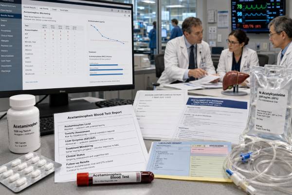 Learn how the acetaminophen blood test is used after overdose, what toxic levels can mean, when NAC treatment is needed, and which liver and kidney labs guide follow-up.