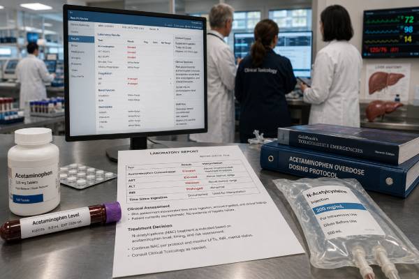 Interpret acetaminophen levels and liver enzymes by timing, nomogram risk, ALT, AST, INR, bilirubin, symptoms, and kidney markers to understand overdose danger and treatment urgency.