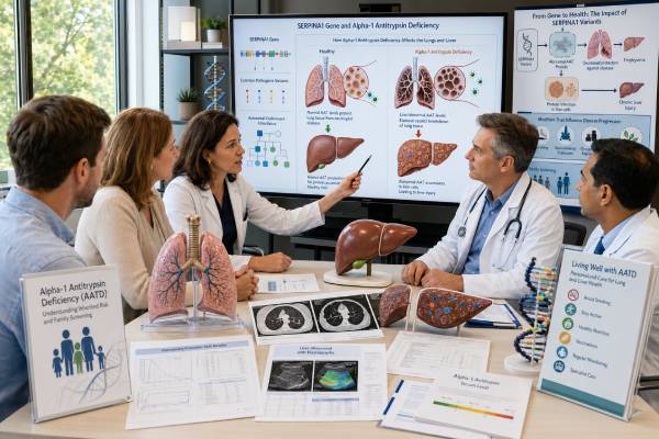 Alpha-1 Antitrypsin Deficiency Genetic Test SERPINA1, Liver, Lung, and Results Learn how SERPINA1 genetic testing, AAT blood levels, and protein phenotyping diagnose alpha-1 antitrypsin deficiency and guide lung, liver, and family follow-up.