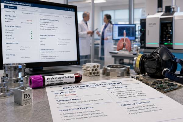 Learn what a beryllium blood test measures, how high beryllium and BeLPT results are interpreted, what exposure sources matter, and when follow-up testing is needed.