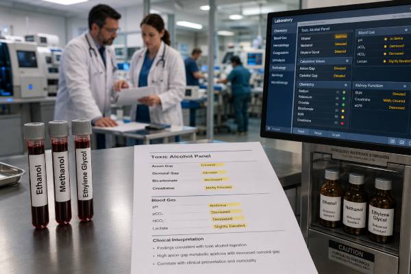 Learn how blood alcohol, methanol, ethylene glycol, and isopropanol results are interpreted with osmolal gap, anion gap, acidosis, symptoms, and urgent treatment decisions.