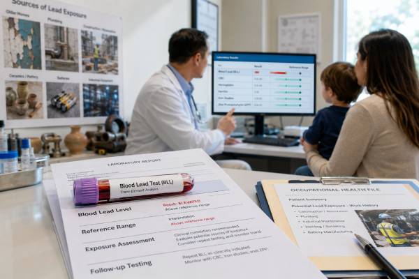 Learn what a blood lead test measures, what high lead levels mean, CDC reference values, poisoning symptoms, exposure sources, confirmatory testing, and follow-up steps.