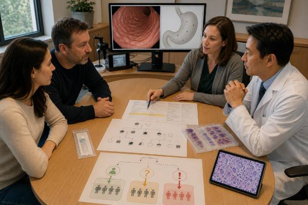 Understand CDH1 genetic testing, diffuse gastric and lobular breast cancer risks, positive and VUS results, expert endoscopy, preventive gastrectomy, and family testing.