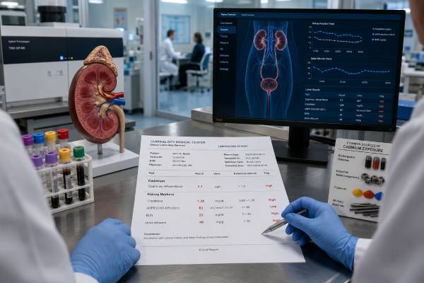 Learn how admium blood and urine tests, eGFR, creatinine, albumin-creatinine ratio, and tubular markers help interpret heavy metal kidney risk and follow-up needs.
