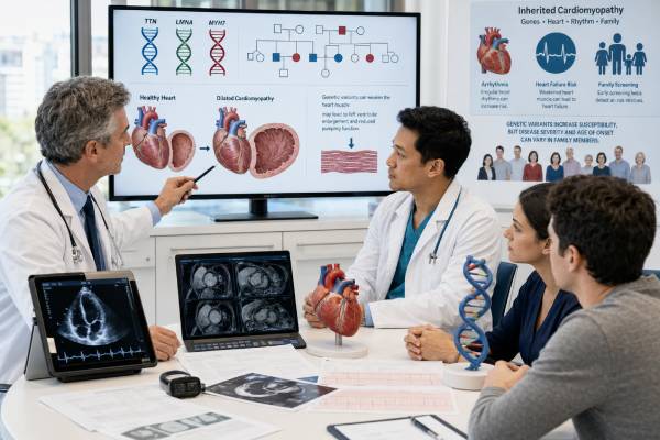 Learn how TTN, LMNA, and MYH7 genetic testing supports dilated cardiomyopathy diagnosis, how results influence rhythm and heart-failure care, and how families are screened.