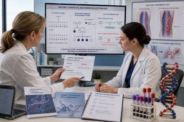 Learn what the Factor V Leiden genetic test detects, how heterozygous and homozygous results affect venous clot risk, and when findings may influence treatment, pregnancy, estrogen, surgery, and family testing.