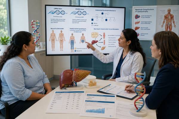 Learn how LMNA and PPARG genetic testing supports familial partial lipodystrophy diagnosis, how subtypes differ, and how results guide metabolic, liver, cardiac, and family care.