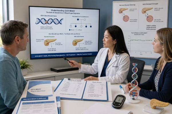 Learn how the GCK-MODY genetic test confirms lifelong mild fasting hyperglycemia, why most people need no medication, and how fetal inheritance changes pregnancy management.