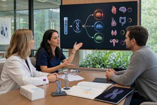 Understand genetic screening tests, disease-risk estimates, positive and negative results, false results, residual risk, and the follow-up needed for confirmation.