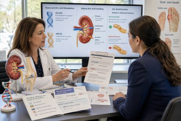Learn what a gout genetic risk test can reveal about SLC2A9, ABCG2, uric acid handling, polygenic risk, HLA-B*58:01, diagnosis, and treatment.