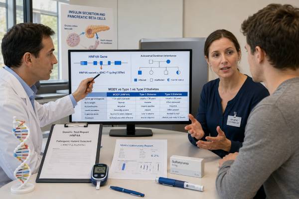 Understand HNF4A-MODY genetic testing, who should be tested, how positive and uncertain results are interpreted, and how diagnosis can guide diabetes treatment, pregnancy care, and family screening.