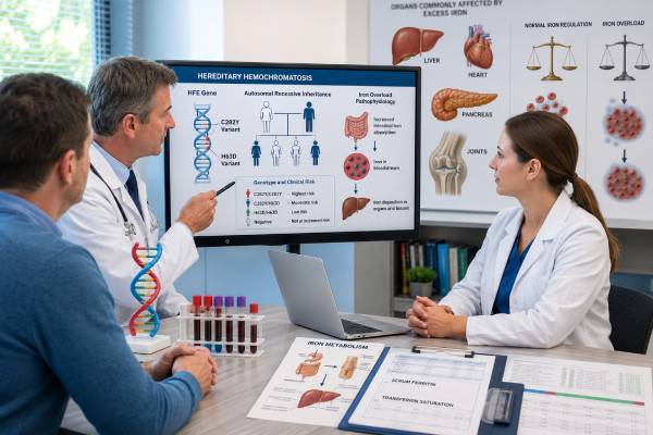 Understand HFE C282Y and H63D genetic test results, penetrance, iron studies, organ assessment, phlebotomy treatment, and family screening for hereditary hemochromatosis.