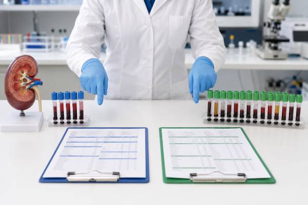 A kidney function panel focuses on kidney markers, electrolytes, phosphorus, and albumin, while a CMP adds liver enzymes, bilirubin, total protein, glucose, and broader metabolic screening.