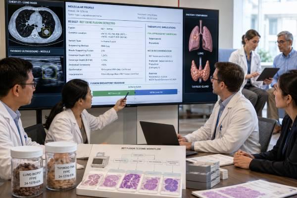Learn how RET fusion testing detects targetable drivers in lung and thyroid cancer, how RNA and DNA methods differ, and what positive, negative, and resistance results mean.