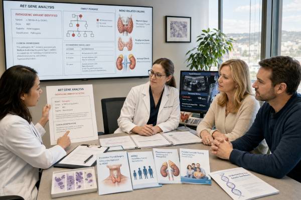 Learn how germline RET testing confirms MEN2, guides medullary thyroid cancer prevention, explains variant results, and directs pheochromocytoma screening and family testing.