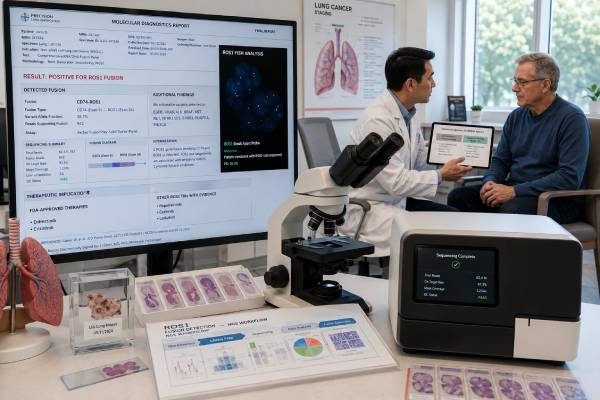 Learn how a ROS1 fusion test detects an actionable lung cancer driver, how tissue and blood methods differ, and what positive, negative, and resistance results mean.