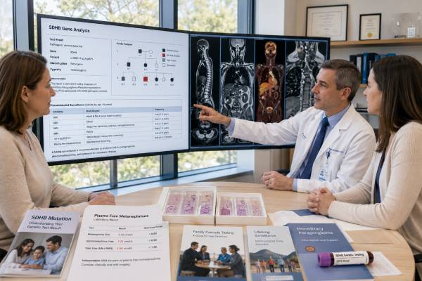 Understand what an SDHB genetic test shows, how results affect paraganglioma and pheochromocytoma surveillance, metastatic risk, and testing for relatives.