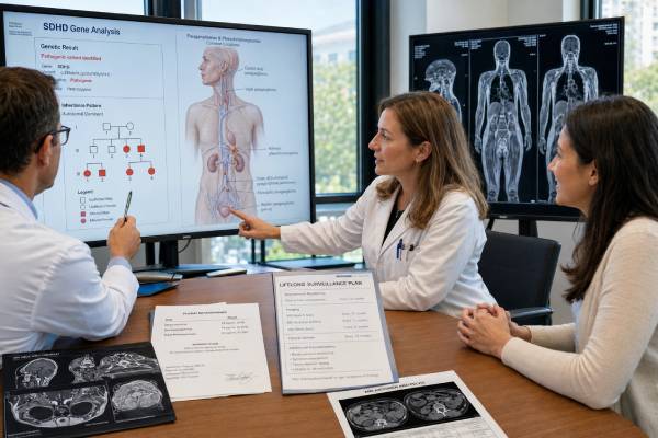 Learn how an SDHD genetic test identifies hereditary paraganglioma risk, why paternal inheritance matters, and how positive, negative, and uncertain results guide surveillance.
