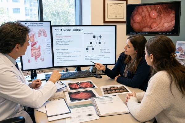 Learn what an STK11 genetic test shows, how Peutz-Jeghers syndrome affects polyps and cancer risk, and what positive, negative, and VUS results mean for surveillance.