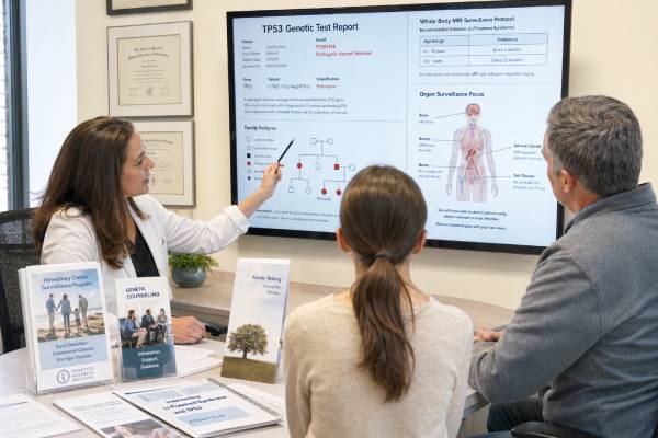 Learn how TP53 genetic testing identifies Li-Fraumeni syndrome, why blood-clone and mosaic findings require confirmation, and how results guide lifelong cancer surveillance.
