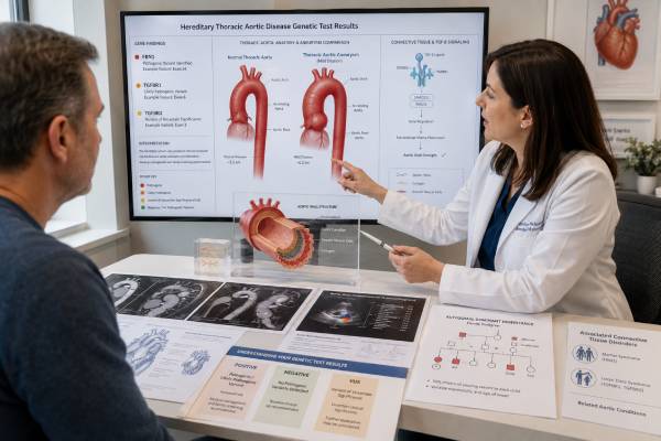 Thoracic Aortic Aneurysm Genetic Test: FBN1, TGFBR1, TGFBR2, and Results Learn how thoracic aortic aneurysm genetic testing evaluates FBN1, TGFBR1, TGFBR2, and other HTAD genes and how results guide imaging, surgery, and family care.