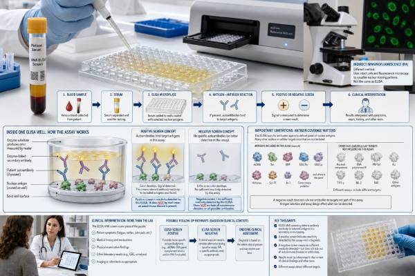 Understand what an ANA ELISA screen measures, how positive, equivocal, and negative results are interpreted, how it differs from IFA, and when follow-up testing is needed.