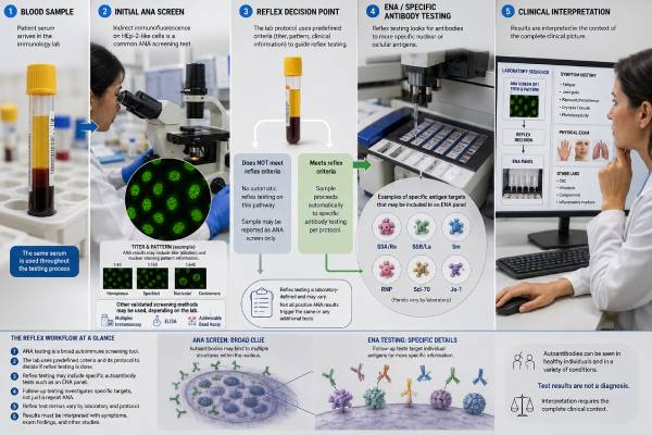 Learn how an ANA with reflex test moves from autoimmune screening to titer, pattern, ENA antibodies, and targeted follow-up—and why panel design changes interpretation.