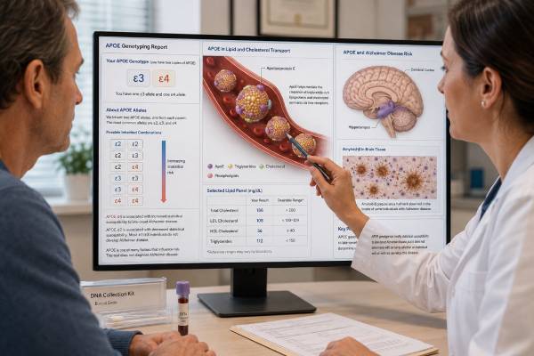 Learn what an APOE genotype test shows about Alzheimer disease risk, cholesterol disorders, anti-amyloid treatment safety, and ε2, ε3, and ε4 results.
