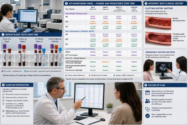 Learn which blood tests and clinical checks are used to monitor APS, including antibodies, INR, heparin safety, clotting risk, pregnancy surveillance, and follow-up timing.