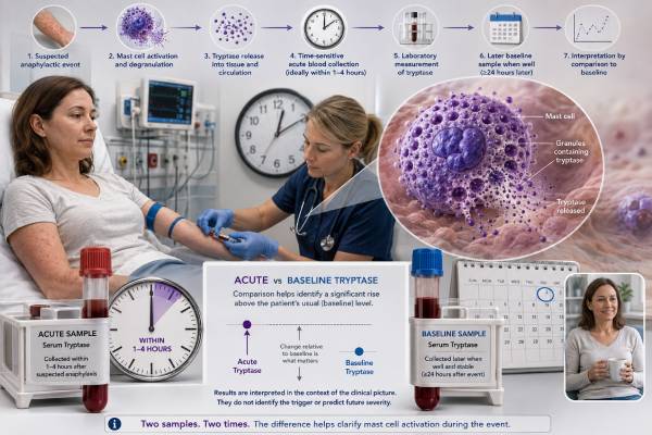 Learn when to draw an acute tryptase test, how to compare it with baseline using the 20% plus 2 rule, and why a normal result does not exclude anaphylaxis.