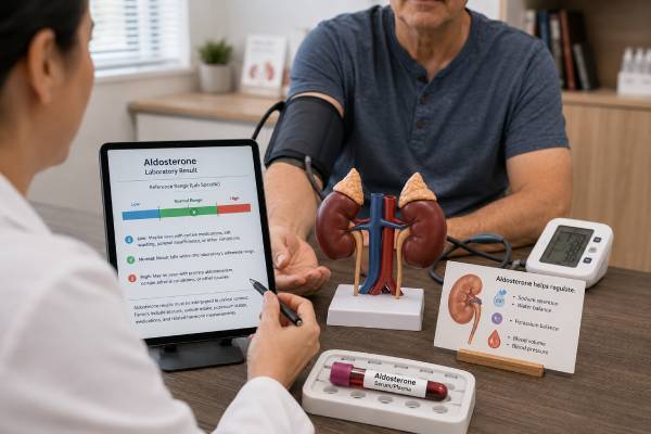 Aldosterone Blood Test: High, Low, Normal Range, Blood Pressure, and Results Learn what an aldosterone blood test shows, why renin must be measured with it, how high and low patterns affect blood pressure, and which follow-up tests confirm the cause.