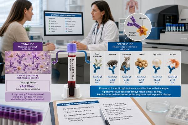 Understand what an allergy blood test panel measures, how total and specific IgE differ, why positive results may not equal allergy, and when focused follow-up is needed.