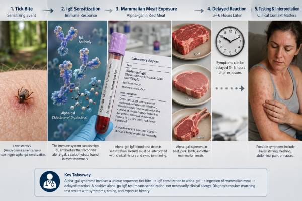 Learn how the alpha-gal IgE test helps diagnose delayed red-meat allergy after tick bites, what positive and negative results mean, and how to manage exposure safely.