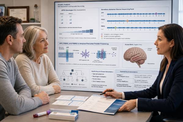 Understand Alzheimer disease genetic testing for APOE, APP, PSEN1, and PSEN2, including who should test, result meanings, family risk, and treatment safety.