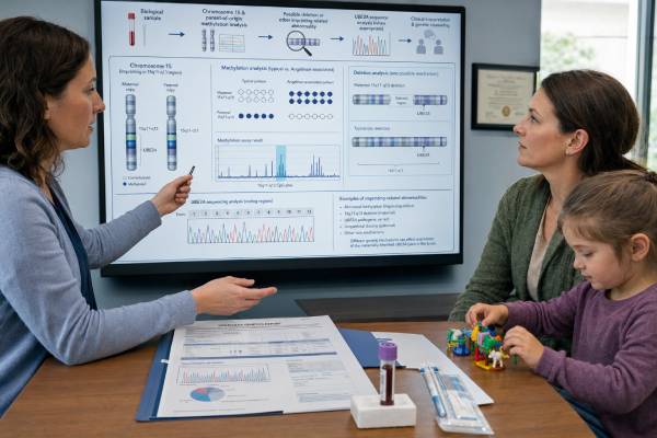 Understand Angelman syndrome genetic testing for UBE3A, methylation, deletions, uniparental disomy, and imprinting defects, including results and recurrence risk.
