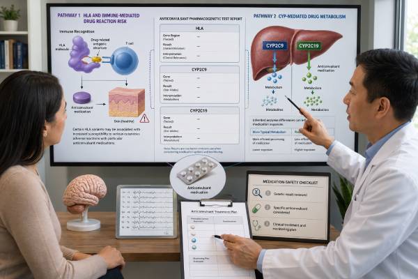 Learn how HLA, CYP2C9, and CYP2C19 anticonvulsant pharmacogenetic test results may affect carbamazepine, phenytoin, clobazam, skin-reaction risk, dosing, and follow-up.