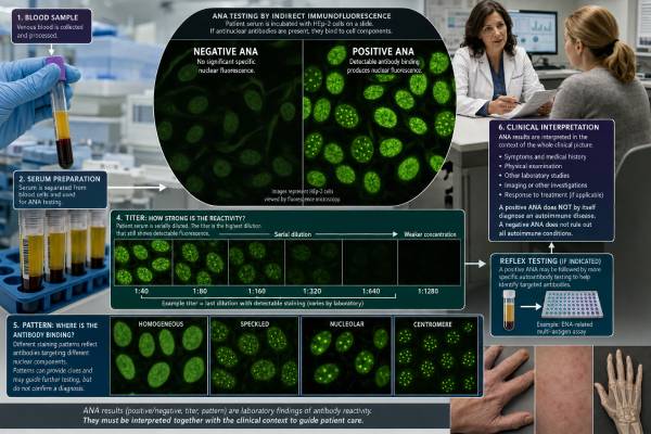 Understand what a positive or negative antinuclear antibody test means, how ANA titer and pattern affect interpretation, and which follow-up tests may clarify autoimmune risk.