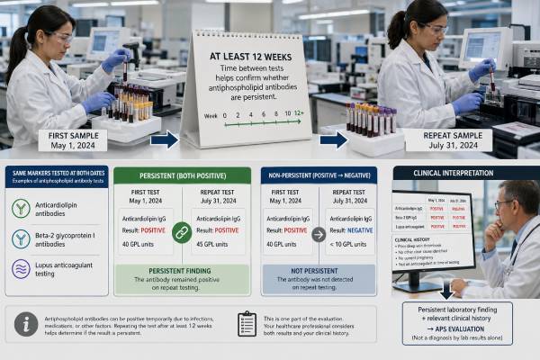 Learn why antiphospholipid antibodies are repeated after at least 12 weeks, which tests need confirmation, and how anticoagulants affect APS diagnosis.