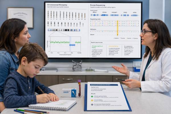 Learn how chromosomal microarray, exome sequencing, genome sequencing, and targeted tests are used in autism, what results mean, and how findings may guide care.