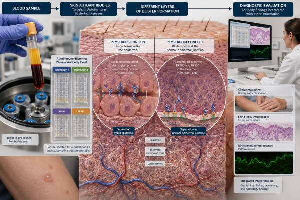Understand autoimmune blistering disease panels, including desmoglein, BP180, BP230, collagen VII, biopsy, and immunofluorescence findings used to diagnose pemphigus and pemphigoid.