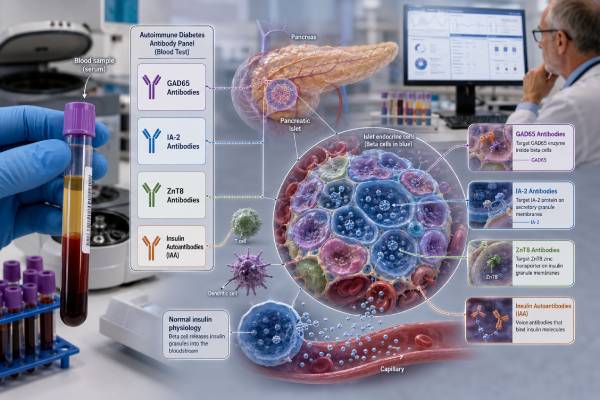 Learn how GAD65, IA-2, ZnT8, insulin, and islet cell antibodies help classify autoimmune diabetes, define early type 1 diabetes stages, and estimate progression risk.