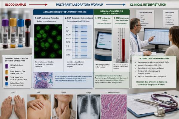 Understand how ANA, ENA, CRP, ESR, CBC, complement, urinalysis, and targeted autoantibodies work together in an autoimmune disease blood test panel and diagnosis.
